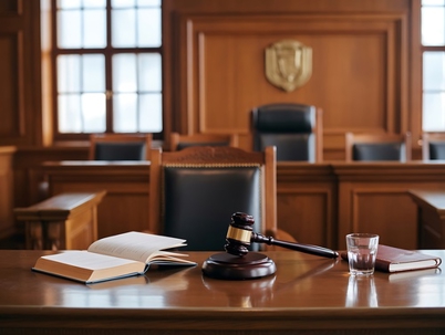 A wooden judges gavel rests on its stand next to an open book a closed book and a glass of water on a polished wooden table within a courtroom setting